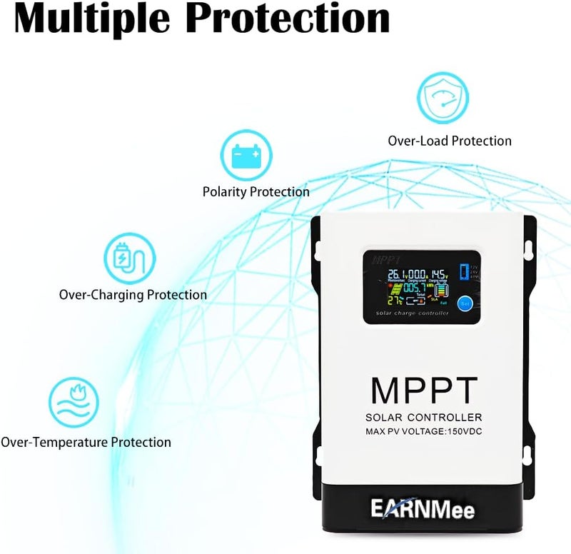 EARNMee 60A MPPT Solar Charge Controller, 18-150VDC PV Input, 12V/24V/48V Adjustable Output, Ideal for RV, Large Solar Systems, Compatible with Mono/Poly Panels & Lead-Acid/Lithium Batteries - Image 5